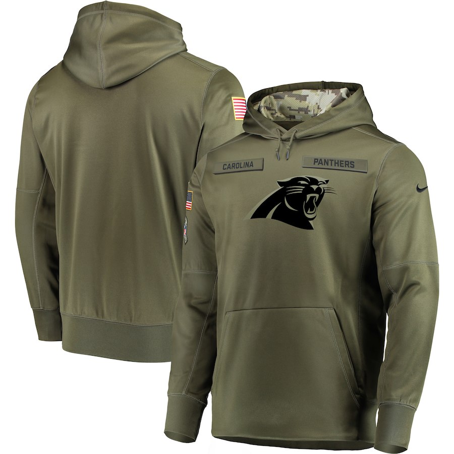 Men's Carolina Panthers 2018 Olive Salute to Service Sideline Therma Performance Pullover Stitched Hoodie